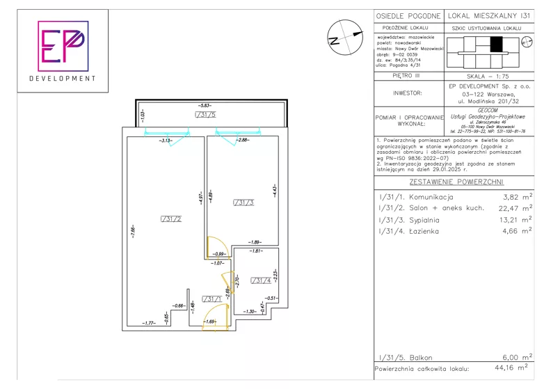 2 pokoje, mieszkanie 44,16 m², piętro 3, oferta nr i31, Osiedle Pogodne, NOWY ETAP bud. I, J, Nowy Dwór Mazowiecki, Nowodworzanka, ul. Pogodna / Leśna / Dębowa