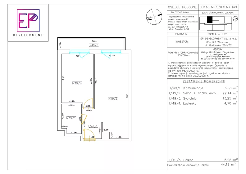 2 pokoje, mieszkanie 44,19 m², piętro 4, oferta nr i49, Osiedle Pogodne, NOWY ETAP bud. I, J, Nowy Dwór Mazowiecki, Nowodworzanka, ul. Pogodna / Leśna / Dębowa