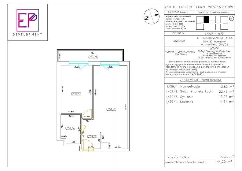 2 pokoje, mieszkanie 44,20 m², piętro 5, oferta nr i59, Osiedle Pogodne, NOWY ETAP bud. I, J, Nowy Dwór Mazowiecki, Nowodworzanka, ul. Pogodna / Leśna / Dębowa
