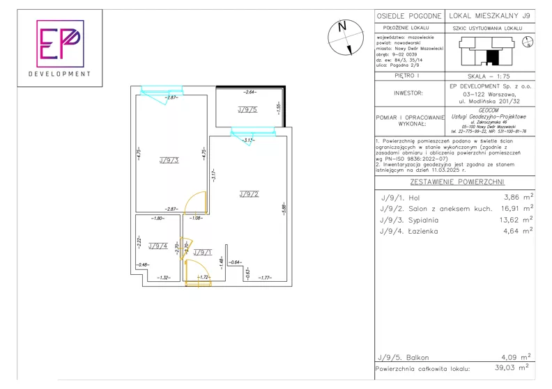2 pokoje, mieszkanie 39,03 m², piętro 1, oferta nr J09, Osiedle Pogodne, NOWY ETAP bud. I, J, Nowy Dwór Mazowiecki, Nowodworzanka, ul. Pogodna / Leśna / Dębowa
