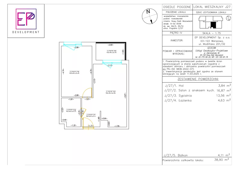 2 pokoje, mieszkanie 38,90 m², piętro 4, oferta nr J27, Osiedle Pogodne, NOWY ETAP bud. I, J, Nowy Dwór Mazowiecki, Nowodworzanka, ul. Pogodna / Leśna / Dębowa