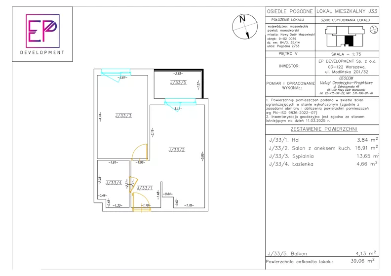 2 pokoje, mieszkanie 39,06 m², piętro 5, oferta nr J33, Osiedle Pogodne, NOWY ETAP bud. I, J, Nowy Dwór Mazowiecki, Nowodworzanka, ul. Pogodna / Leśna / Dębowa