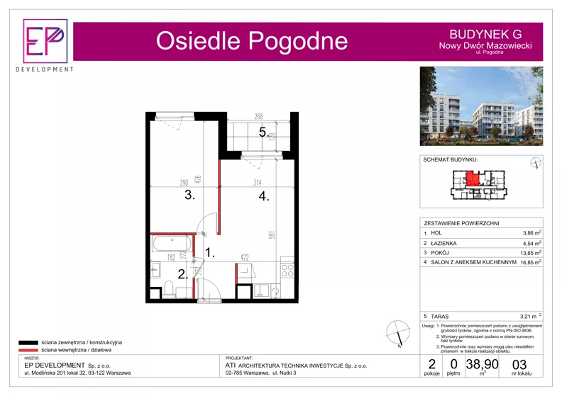 2 pokoje, mieszkanie 38,90 m², parter, oferta nr G03, Osiedle Pogodne, NOWY ETAP bud. G, H, Nowy Dwór Mazowiecki, Nowodworzanka, ul. Pogodna / Leśna / Dębowa