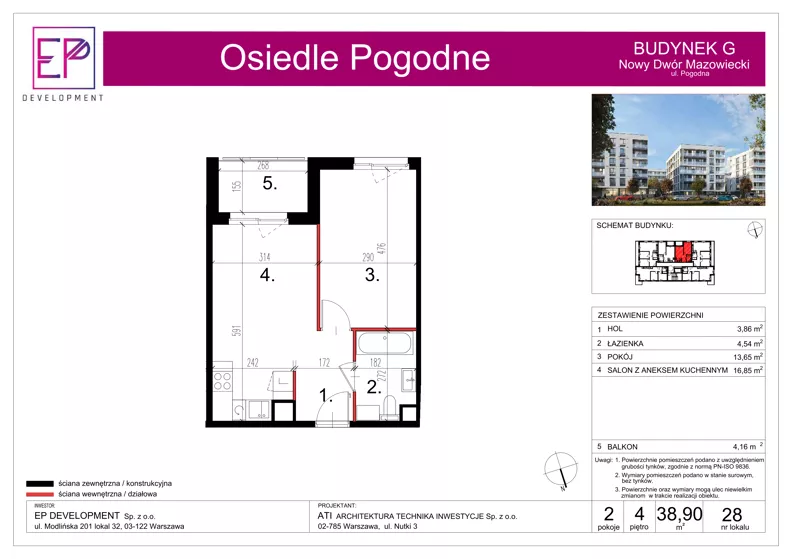 2 pokoje, mieszkanie 38,90 m², piętro 4, oferta nr G28, Osiedle Pogodne, NOWY ETAP bud. G, H, Nowy Dwór Mazowiecki, Nowodworzanka, ul. Pogodna / Leśna / Dębowa
