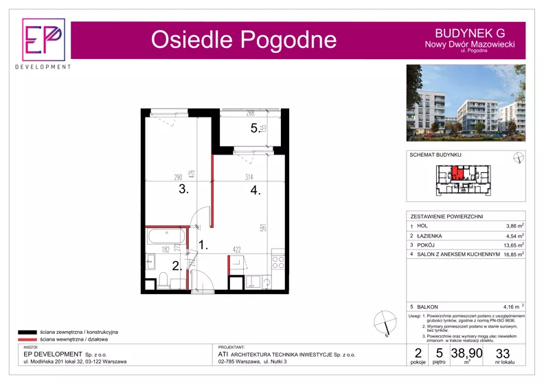 2 pokoje, mieszkanie 38,90 m², piętro 5, oferta nr G33, Osiedle Pogodne, NOWY ETAP bud. G, H, Nowy Dwór Mazowiecki, Nowodworzanka, ul. Pogodna / Leśna / Dębowa