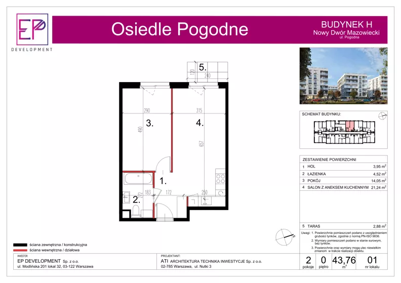 2 pokoje, mieszkanie 43,76 m², parter, oferta nr H01, Osiedle Pogodne, NOWY ETAP bud. G, H, Nowy Dwór Mazowiecki, Nowodworzanka, ul. Pogodna / Leśna / Dębowa