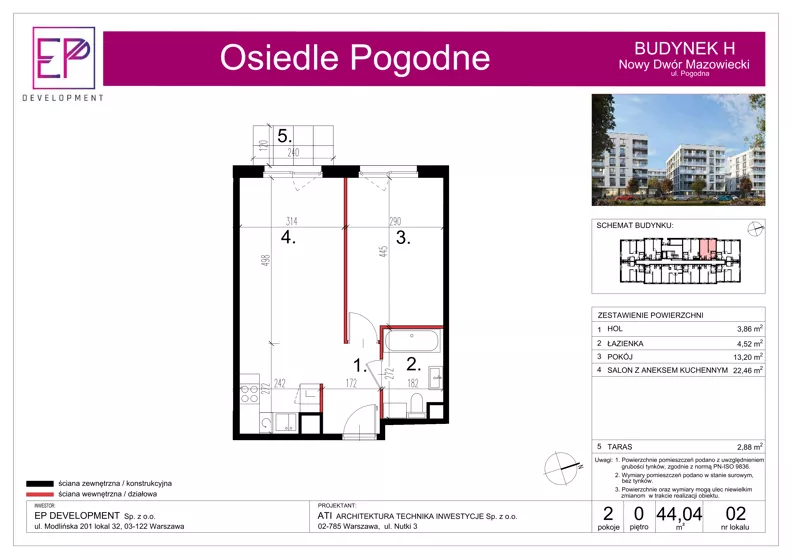 2 pokoje, mieszkanie 44,04 m², parter, oferta nr H02, Osiedle Pogodne, NOWY ETAP bud. G, H, Nowy Dwór Mazowiecki, Nowodworzanka, ul. Pogodna / Leśna / Dębowa