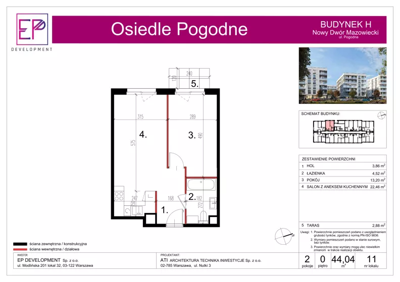 2 pokoje, mieszkanie 44,04 m², parter, oferta nr H11, Osiedle Pogodne, NOWY ETAP bud. G, H, Nowy Dwór Mazowiecki, Nowodworzanka, ul. Pogodna / Leśna / Dębowa