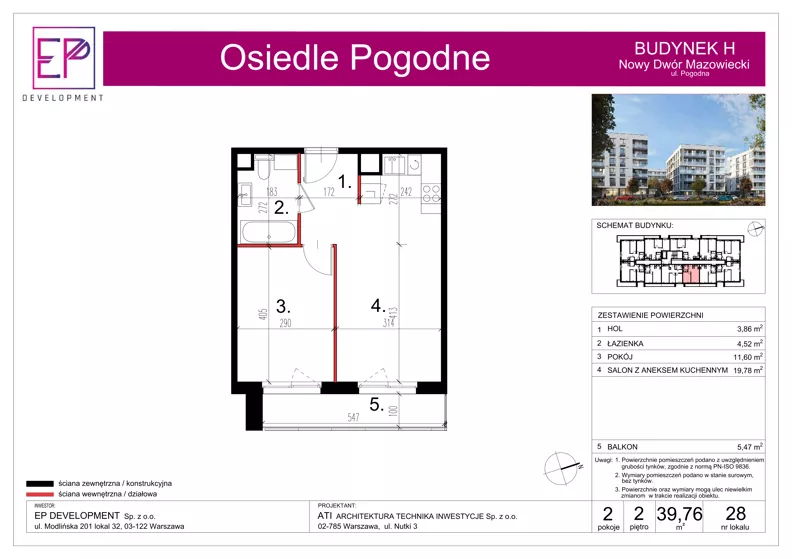 2 pokoje, mieszkanie 39,76 m², piętro 2, oferta nr H28, Osiedle Pogodne, NOWY ETAP bud. G, H, Nowy Dwór Mazowiecki, Nowodworzanka, ul. Pogodna / Leśna / Dębowa