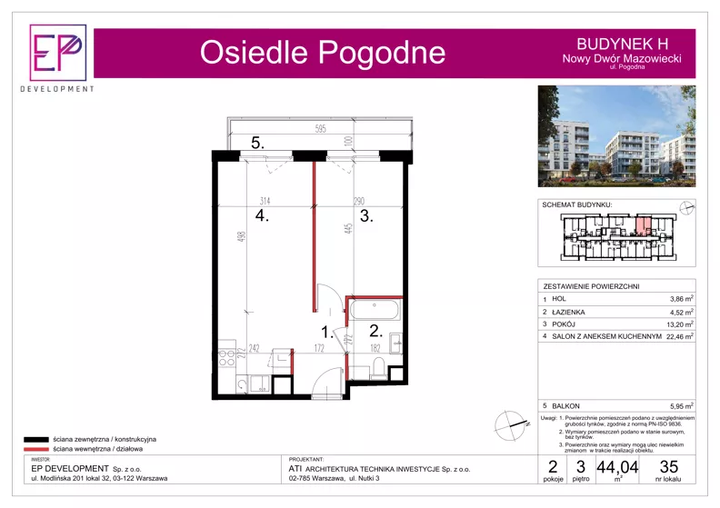 2 pokoje, mieszkanie 44,04 m², piętro 3, oferta nr H35, Osiedle Pogodne, NOWY ETAP bud. G, H, Nowy Dwór Mazowiecki, Nowodworzanka, ul. Pogodna / Leśna / Dębowa