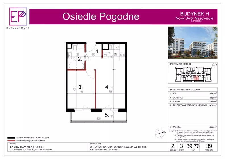 2 pokoje, mieszkanie 39,76 m², piętro 3, oferta nr H39, Osiedle Pogodne, NOWY ETAP bud. G, H, Nowy Dwór Mazowiecki, Nowodworzanka, ul. Pogodna / Leśna / Dębowa