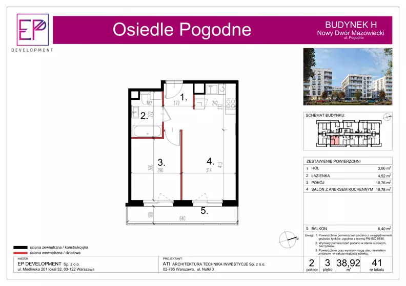 2 pokoje, mieszkanie 38,92 m², piętro 3, oferta nr H41, Osiedle Pogodne, NOWY ETAP bud. G, H, Nowy Dwór Mazowiecki, Nowodworzanka, ul. Pogodna / Leśna / Dębowa