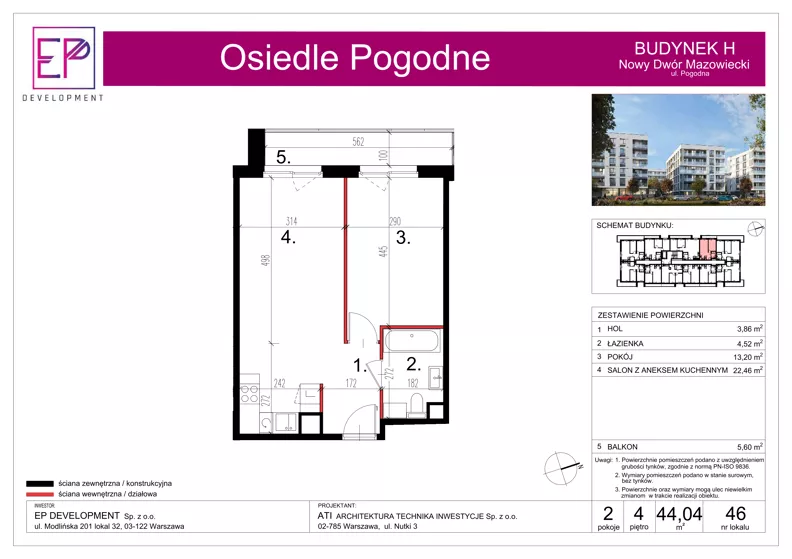 2 pokoje, mieszkanie 44,04 m², piętro 4, oferta nr H46, Osiedle Pogodne, NOWY ETAP bud. G, H, Nowy Dwór Mazowiecki, Nowodworzanka, ul. Pogodna / Leśna / Dębowa