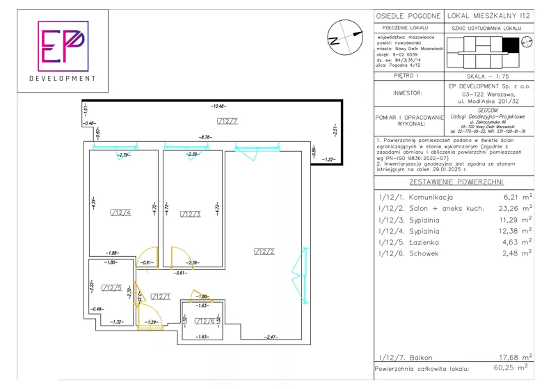 3 pokoje, mieszkanie 60,25 m², piętro 1, oferta nr i12, Osiedle Pogodne, NOWY ETAP bud. I, J, Nowy Dwór Mazowiecki, Nowodworzanka, ul. Pogodna / Leśna / Dębowa