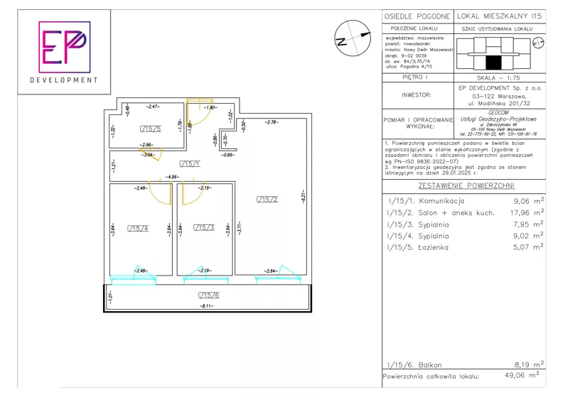 3 pokoje, mieszkanie 49,06 m², piętro 1, oferta nr i15, Osiedle Pogodne, NOWY ETAP bud. I, J, Nowy Dwór Mazowiecki, Nowodworzanka, ul. Pogodna / Leśna / Dębowa