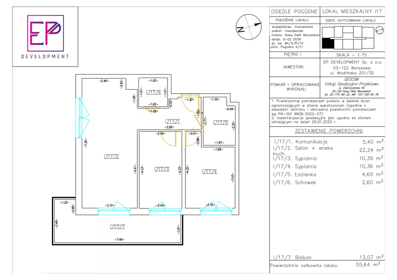 3 pokoje, mieszkanie 55,64 m², piętro 1, oferta nr i17, Osiedle Pogodne, NOWY ETAP bud. I, J, Nowy Dwór Mazowiecki, Nowodworzanka, ul. Pogodna / Leśna / Dębowa