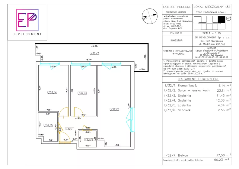 3 pokoje, mieszkanie 60,23 m², piętro 3, oferta nr i32, Osiedle Pogodne, NOWY ETAP bud. I, J, Nowy Dwór Mazowiecki, Nowodworzanka, ul. Pogodna / Leśna / Dębowa