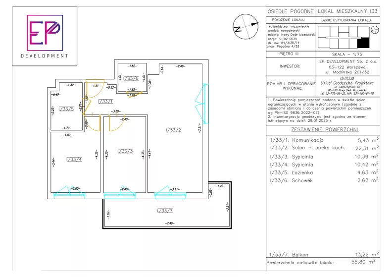 3 pokoje, mieszkanie 55,80 m², piętro 3, oferta nr i33, Osiedle Pogodne, NOWY ETAP bud. I, J, Nowy Dwór Mazowiecki, Nowodworzanka, ul. Pogodna / Leśna / Dębowa