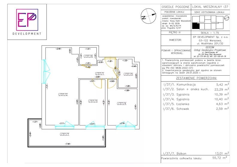3 pokoje, mieszkanie 55,72 m², piętro 3, oferta nr i37, Osiedle Pogodne, NOWY ETAP bud. I, J, Nowy Dwór Mazowiecki, Nowodworzanka, ul. Pogodna / Leśna / Dębowa