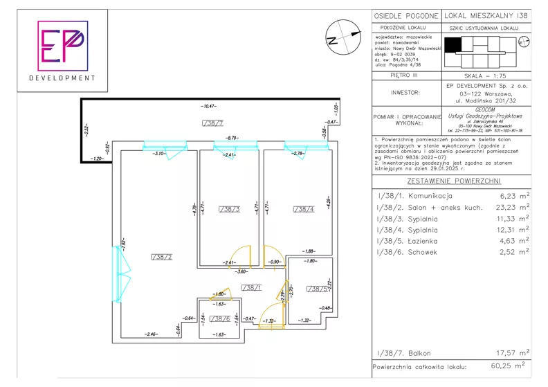 3 pokoje, mieszkanie 60,25 m², piętro 3, oferta nr i38, Osiedle Pogodne, NOWY ETAP bud. I, J, Nowy Dwór Mazowiecki, Nowodworzanka, ul. Pogodna / Leśna / Dębowa