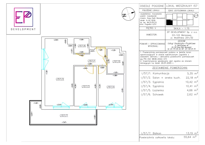 3 pokoje, mieszkanie 55,64 m², piętro 5, oferta nr i57, Osiedle Pogodne, NOWY ETAP bud. I, J, Nowy Dwór Mazowiecki, Nowodworzanka, ul. Pogodna / Leśna / Dębowa