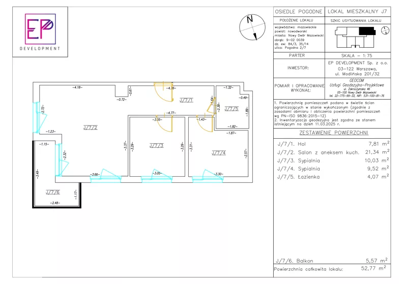 3 pokoje, mieszkanie 52,77 m², piętro 1, oferta nr J07, Osiedle Pogodne, NOWY ETAP bud. I, J, Nowy Dwór Mazowiecki, Nowodworzanka, ul. Pogodna / Leśna / Dębowa