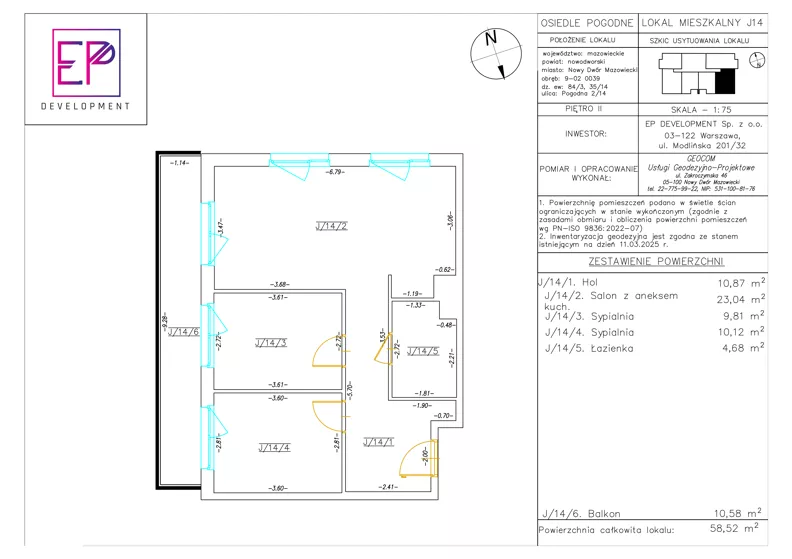 3 pokoje, mieszkanie 58,52 m², piętro 2, oferta nr J14, Osiedle Pogodne, NOWY ETAP bud. I, J, Nowy Dwór Mazowiecki, Nowodworzanka, ul. Pogodna / Leśna / Dębowa