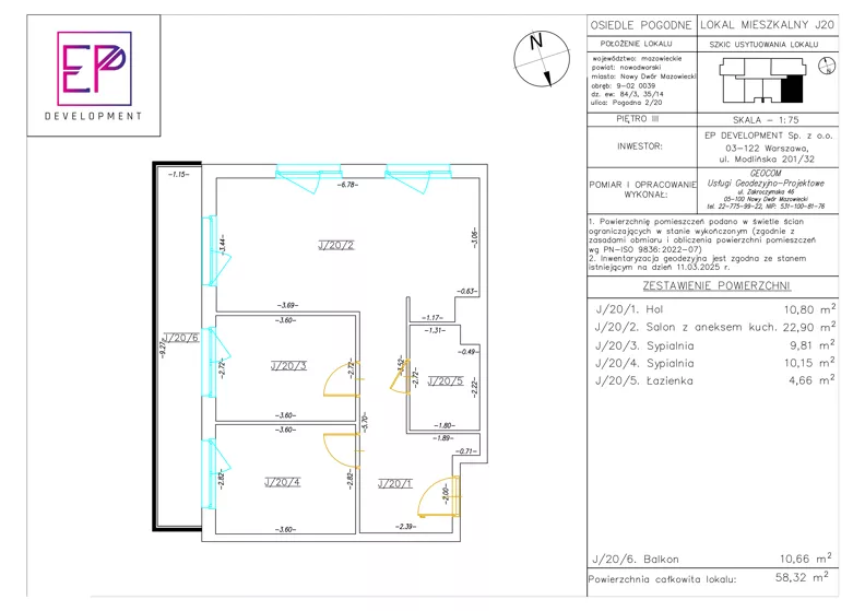 3 pokoje, mieszkanie 58,32 m², piętro 3, oferta nr J20, Osiedle Pogodne, NOWY ETAP bud. I, J, Nowy Dwór Mazowiecki, Nowodworzanka, ul. Pogodna / Leśna / Dębowa
