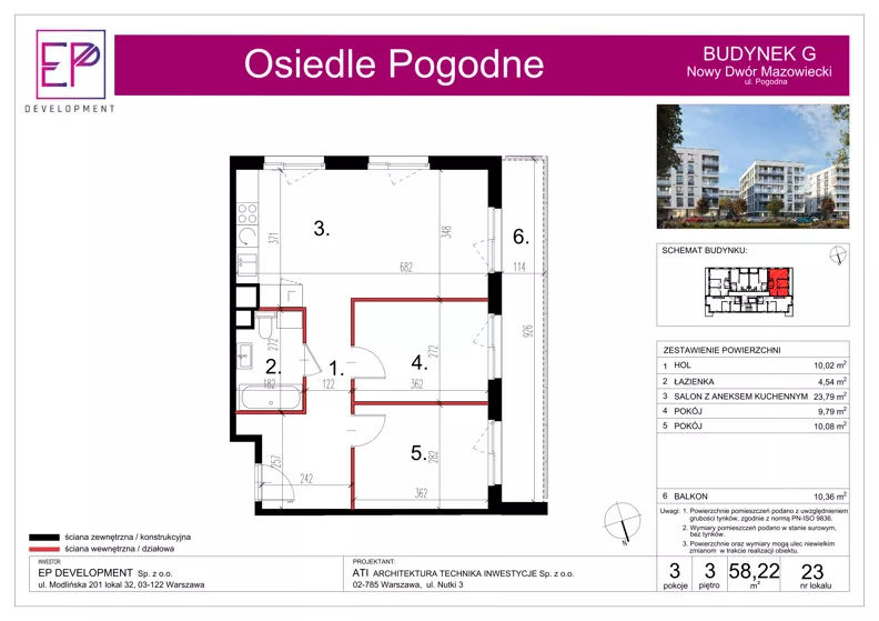 3 pokoje, mieszkanie 58,22 m², piętro 3, oferta nr G23, Osiedle Pogodne, NOWY ETAP bud. G, H, Nowy Dwór Mazowiecki, Nowodworzanka, ul. Pogodna / Leśna / Dębowa