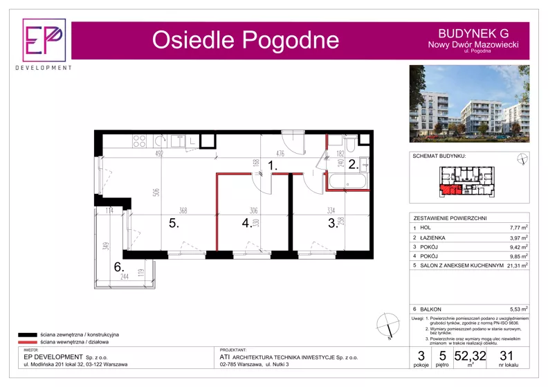3 pokoje, mieszkanie 52,32 m², piętro 5, oferta nr G31, Osiedle Pogodne, NOWY ETAP bud. G, H, Nowy Dwór Mazowiecki, Nowodworzanka, ul. Pogodna / Leśna / Dębowa