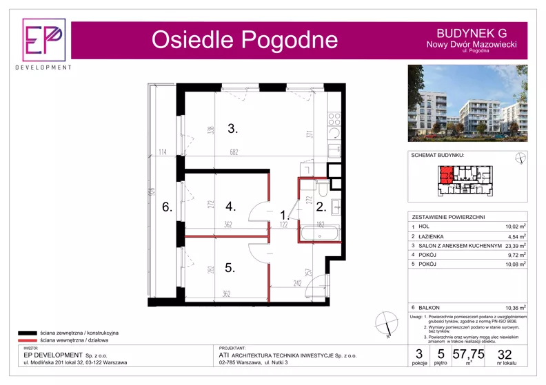 3 pokoje, mieszkanie 57,75 m², piętro 5, oferta nr G32, Osiedle Pogodne, NOWY ETAP bud. G, H, Nowy Dwór Mazowiecki, Nowodworzanka, ul. Pogodna / Leśna / Dębowa
