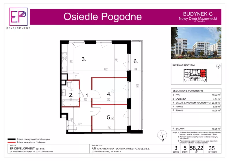 3 pokoje, mieszkanie 58,22 m², piętro 5, oferta nr G35, Osiedle Pogodne, NOWY ETAP bud. G, H, Nowy Dwór Mazowiecki, Nowodworzanka, ul. Pogodna / Leśna / Dębowa