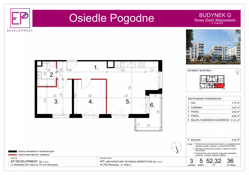 3 pokoje, mieszkanie 52,32 m², piętro 5, oferta nr G36, Osiedle Pogodne, NOWY ETAP bud. G, H, Nowy Dwór Mazowiecki, Nowodworzanka, ul. Pogodna / Leśna / Dębowa