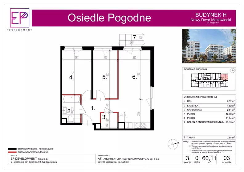 3 pokoje, mieszkanie 60,11 m², parter, oferta nr H03, Osiedle Pogodne, NOWY ETAP bud. G, H, Nowy Dwór Mazowiecki, Nowodworzanka, ul. Pogodna / Leśna / Dębowa