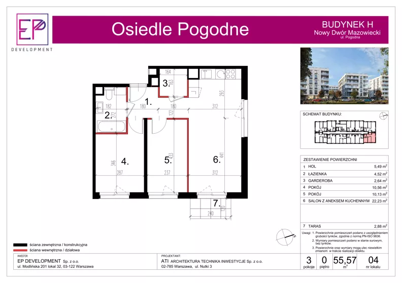 3 pokoje, mieszkanie 55,57 m², parter, oferta nr H04, Osiedle Pogodne, NOWY ETAP bud. G, H, Nowy Dwór Mazowiecki, Nowodworzanka, ul. Pogodna / Leśna / Dębowa