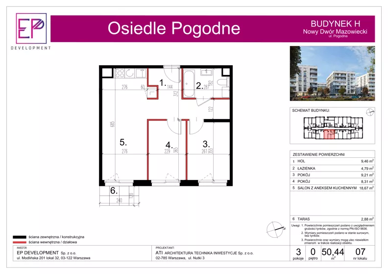 3 pokoje, mieszkanie 50,44 m², parter, oferta nr H07, Osiedle Pogodne, NOWY ETAP bud. G, H, Nowy Dwór Mazowiecki, Nowodworzanka, ul. Pogodna / Leśna / Dębowa