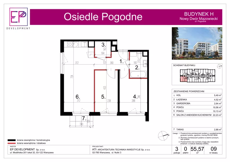 3 pokoje, mieszkanie 55,57 m², parter, oferta nr H09, Osiedle Pogodne, NOWY ETAP bud. G, H, Nowy Dwór Mazowiecki, Nowodworzanka, ul. Pogodna / Leśna / Dębowa