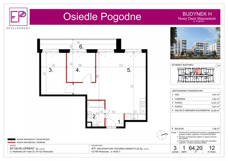 3 pokoje, mieszkanie 64,20 m², piętro 1, oferta nr H12, Osiedle Pogodne, NOWY ETAP bud. G, H, Nowy Dwór Mazowiecki, Nowodworzanka, ul. Pogodna / Leśna / Dębowa