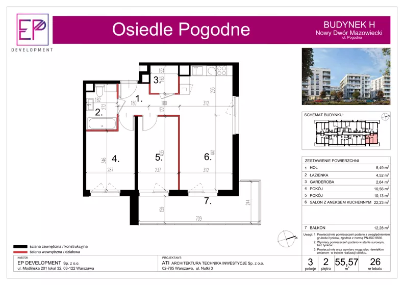 3 pokoje, mieszkanie 55,57 m², piętro 2, oferta nr H26, Osiedle Pogodne, NOWY ETAP bud. G, H, Nowy Dwór Mazowiecki, Nowodworzanka, ul. Pogodna / Leśna / Dębowa