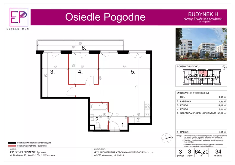 3 pokoje, mieszkanie 64,20 m², piętro 3, oferta nr H34, Osiedle Pogodne, NOWY ETAP bud. G, H, Nowy Dwór Mazowiecki, Nowodworzanka, ul. Pogodna / Leśna / Dębowa