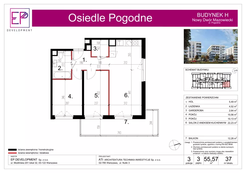 3 pokoje, mieszkanie 55,57 m², piętro 3, oferta nr H37, Osiedle Pogodne, NOWY ETAP bud. G, H, Nowy Dwór Mazowiecki, Nowodworzanka, ul. Pogodna / Leśna / Dębowa