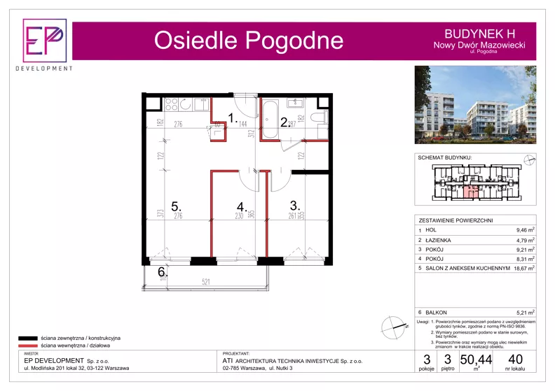 3 pokoje, mieszkanie 50,44 m², piętro 3, oferta nr H40, Osiedle Pogodne, NOWY ETAP bud. G, H, Nowy Dwór Mazowiecki, Nowodworzanka, ul. Pogodna / Leśna / Dębowa