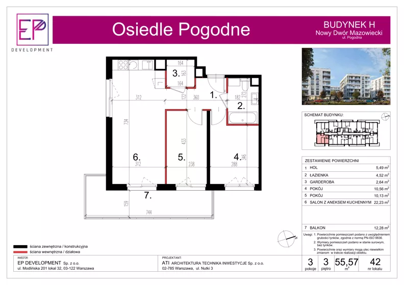 3 pokoje, mieszkanie 55,57 m², piętro 3, oferta nr H42, Osiedle Pogodne, NOWY ETAP bud. G, H, Nowy Dwór Mazowiecki, Nowodworzanka, ul. Pogodna / Leśna / Dębowa
