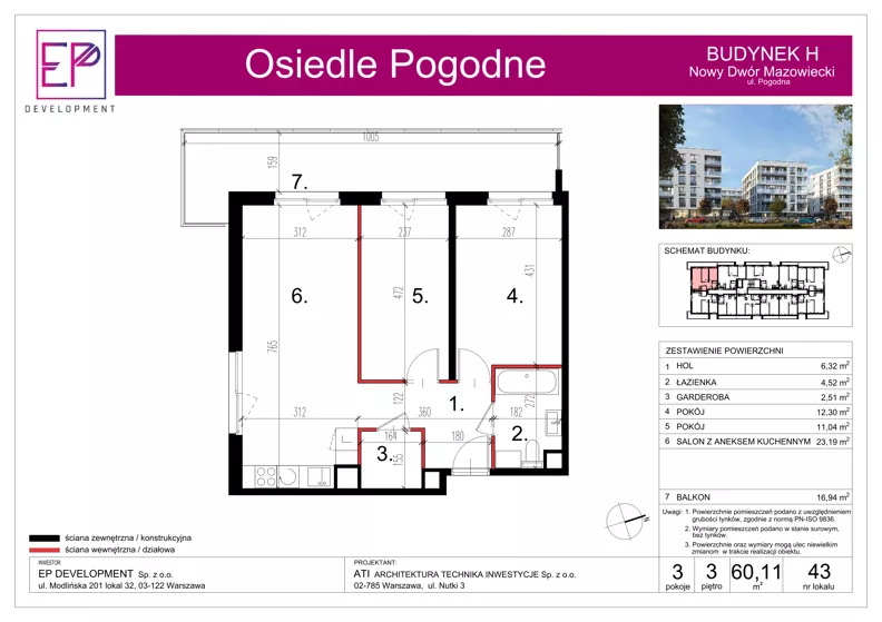 3 pokoje, mieszkanie 60,11 m², piętro 3, oferta nr H43, Osiedle Pogodne, NOWY ETAP bud. G, H, Nowy Dwór Mazowiecki, Nowodworzanka, ul. Pogodna / Leśna / Dębowa