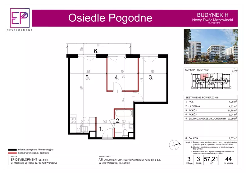 3 pokoje, mieszkanie 57,21 m², piętro 3, oferta nr H44, Osiedle Pogodne, NOWY ETAP bud. G, H, Nowy Dwór Mazowiecki, Nowodworzanka, ul. Pogodna / Leśna / Dębowa