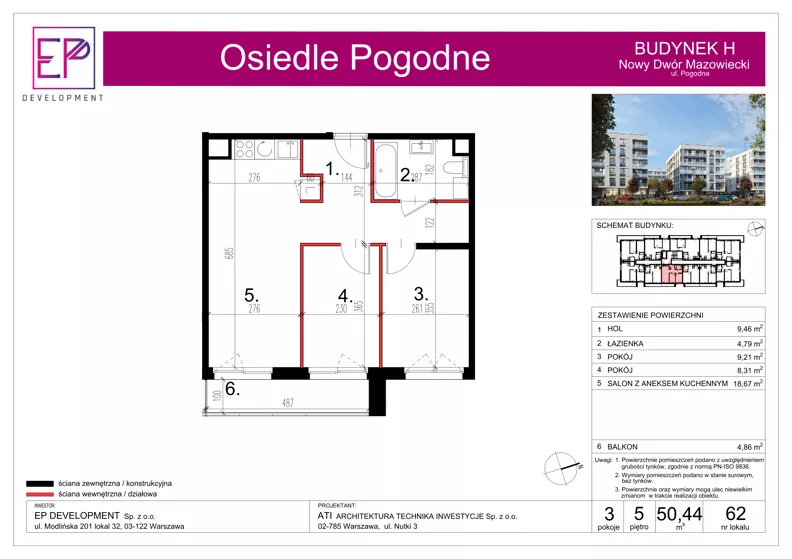 3 pokoje, mieszkanie 50,44 m², piętro 5, oferta nr H62, Osiedle Pogodne, NOWY ETAP bud. G, H, Nowy Dwór Mazowiecki, Nowodworzanka, ul. Pogodna / Leśna / Dębowa