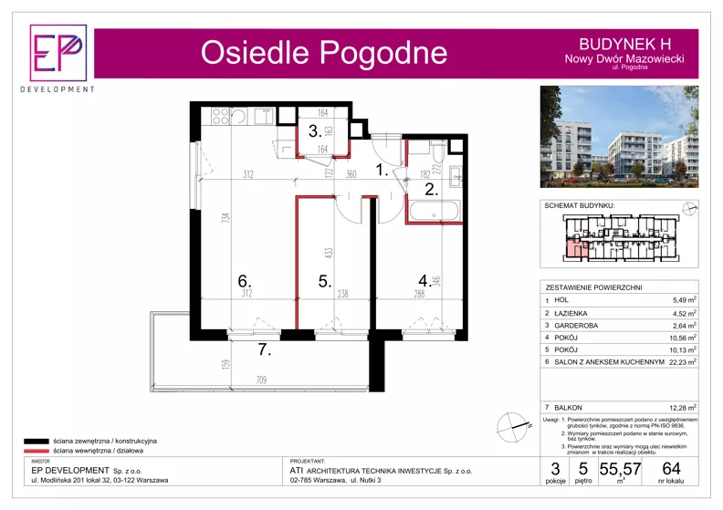3 pokoje, mieszkanie 55,57 m², piętro 5, oferta nr H64, Osiedle Pogodne, NOWY ETAP bud. G, H, Nowy Dwór Mazowiecki, Nowodworzanka, ul. Pogodna / Leśna / Dębowa