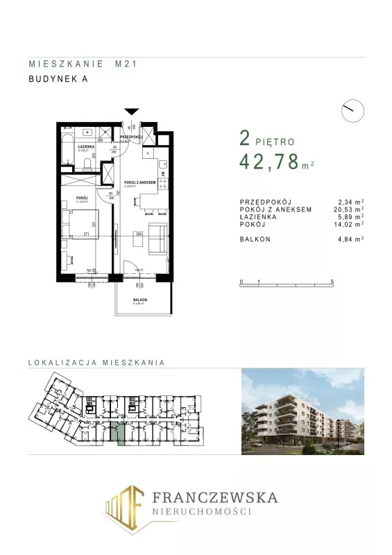 2 pokoje, mieszkanie 42,78 m², piętro 2, oferta nr 21, Osiedle Roztocze, Lublin, Węglin Południowy, ul. Roztocze 6