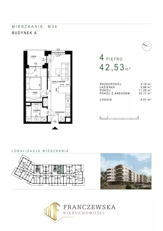 2 pokoje, mieszkanie 42,53 m², piętro 4, oferta nr 34, Osiedle Roztocze, Lublin, Węglin Południowy, ul. Roztocze 6