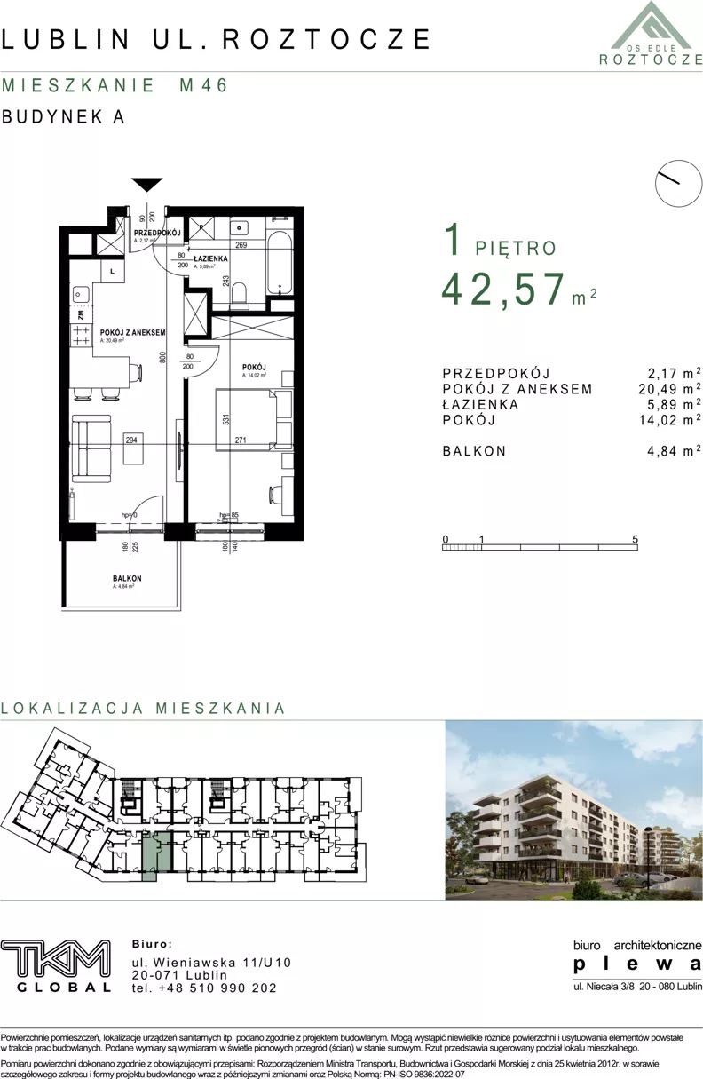 2 pokoje, mieszkanie 42,57 m², piętro 1, oferta nr 46, Osiedle Roztocze, Lublin, Węglin Południowy, ul. Roztocze 6